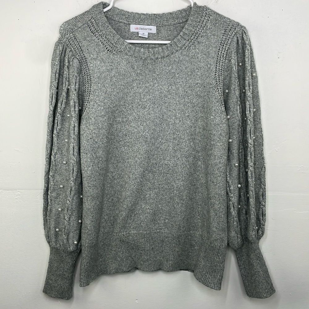 Liz Claiborne sweater gray faux pearl detail balloon sleeve top size medium